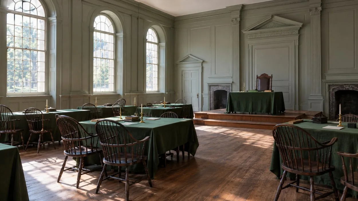 Une salle d'assemblée géorgienne avec des tables recouvertes de vert et des chaises Windsor