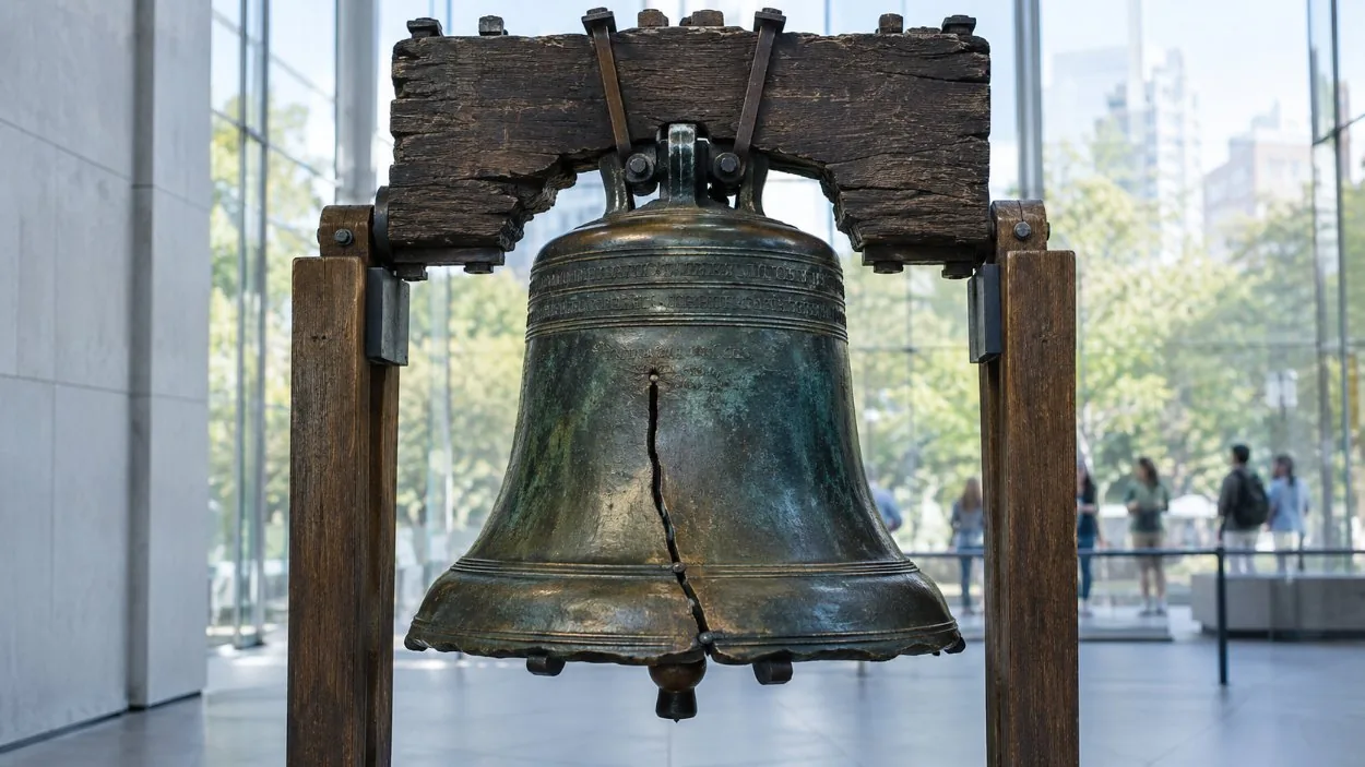 La Campana della Libertà sul suo giogo di legno all’interno di una sala con pareti di vetro