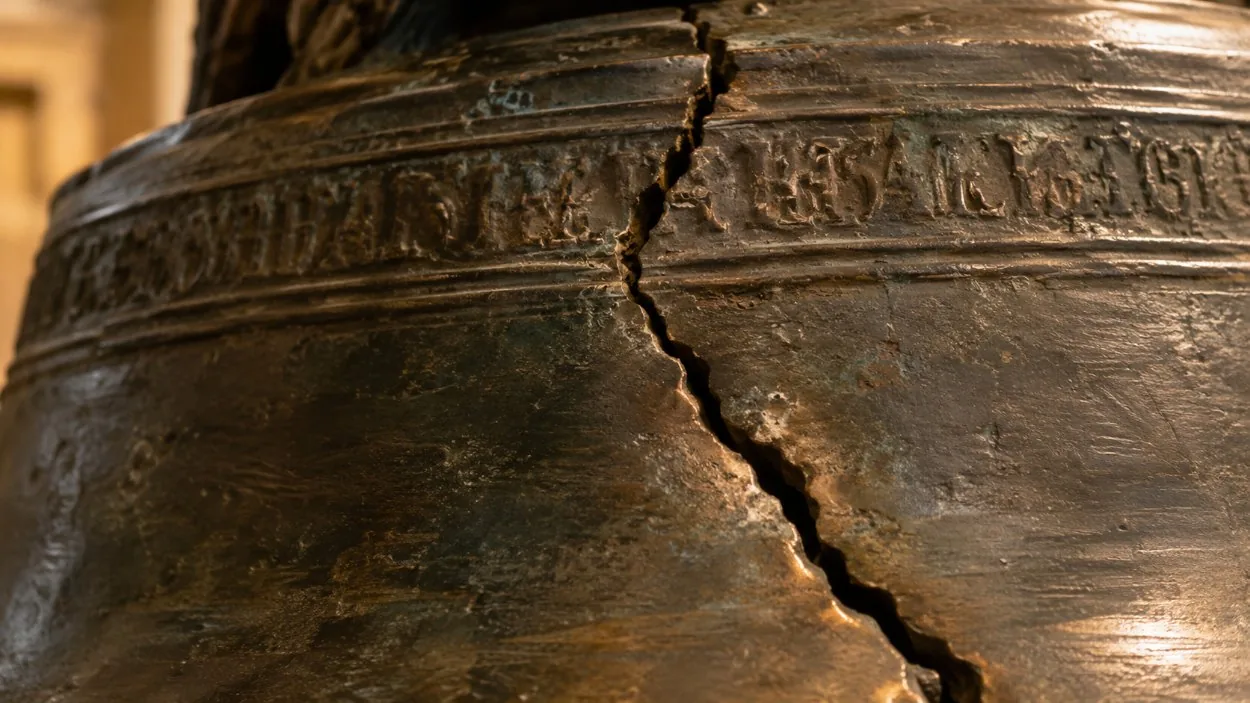 Nahaufnahme des Risses in der Freiheitsglocke, der durch ihre erhabenen Buchstaben verläuft