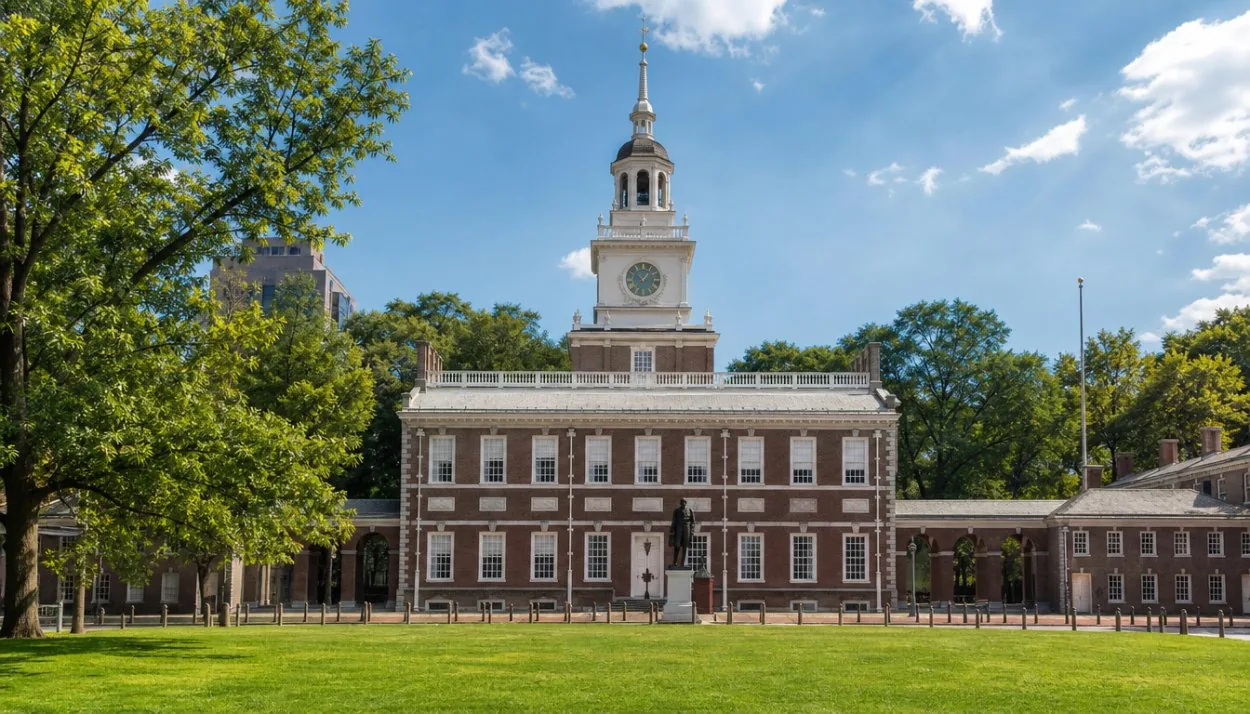 La fachada de ladrillo rojo y la torre de la campana blanca de Independence Hall en un día soleado