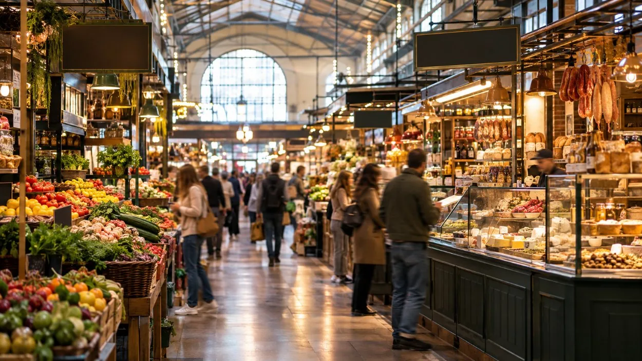 Una sala coperta affollata di un mercato alimentare con banchi e insegne appese