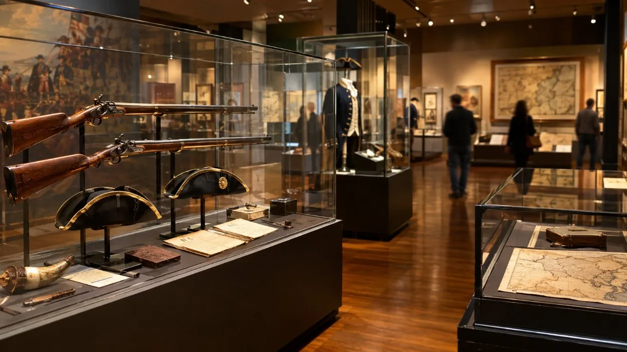 Eine Museumsgalerie mit Objekten aus der Zeit der Revolution unter warmem Licht