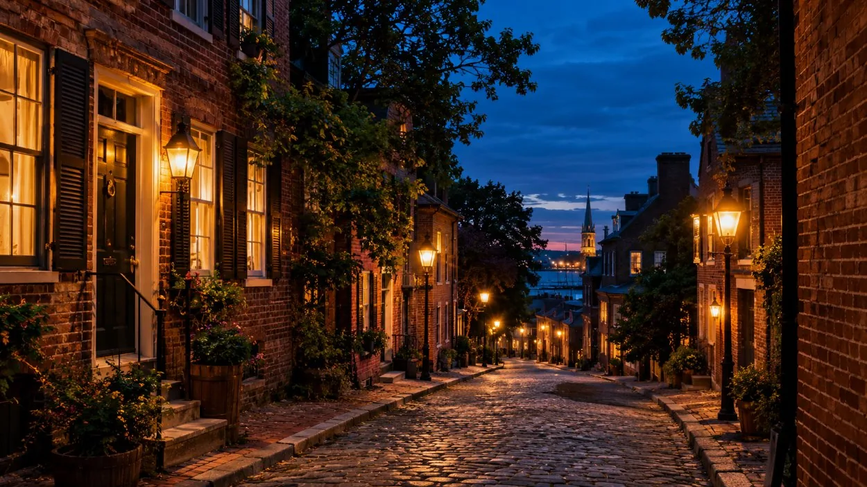 Eine laternenbeleuchtete Kolonialstraße in Old City bei Dämmerung