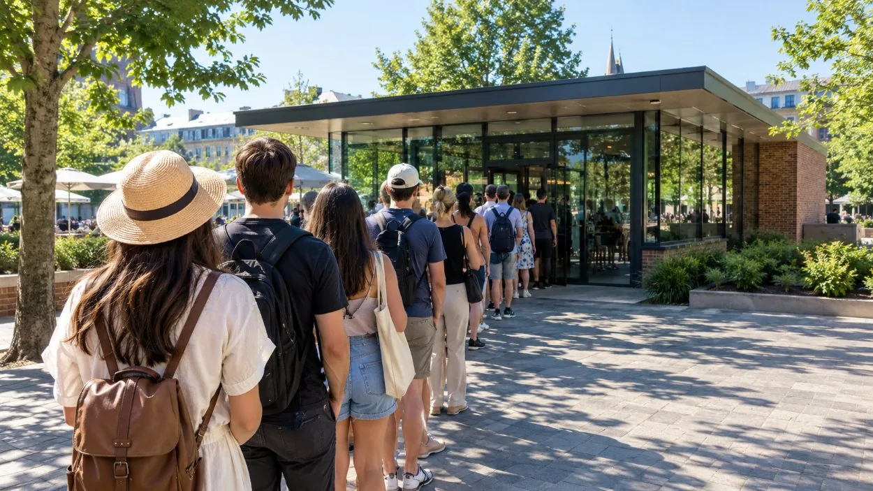 Visitatori in fila fuori da un padiglione in vetro e mattoni in una mattinata soleggiata