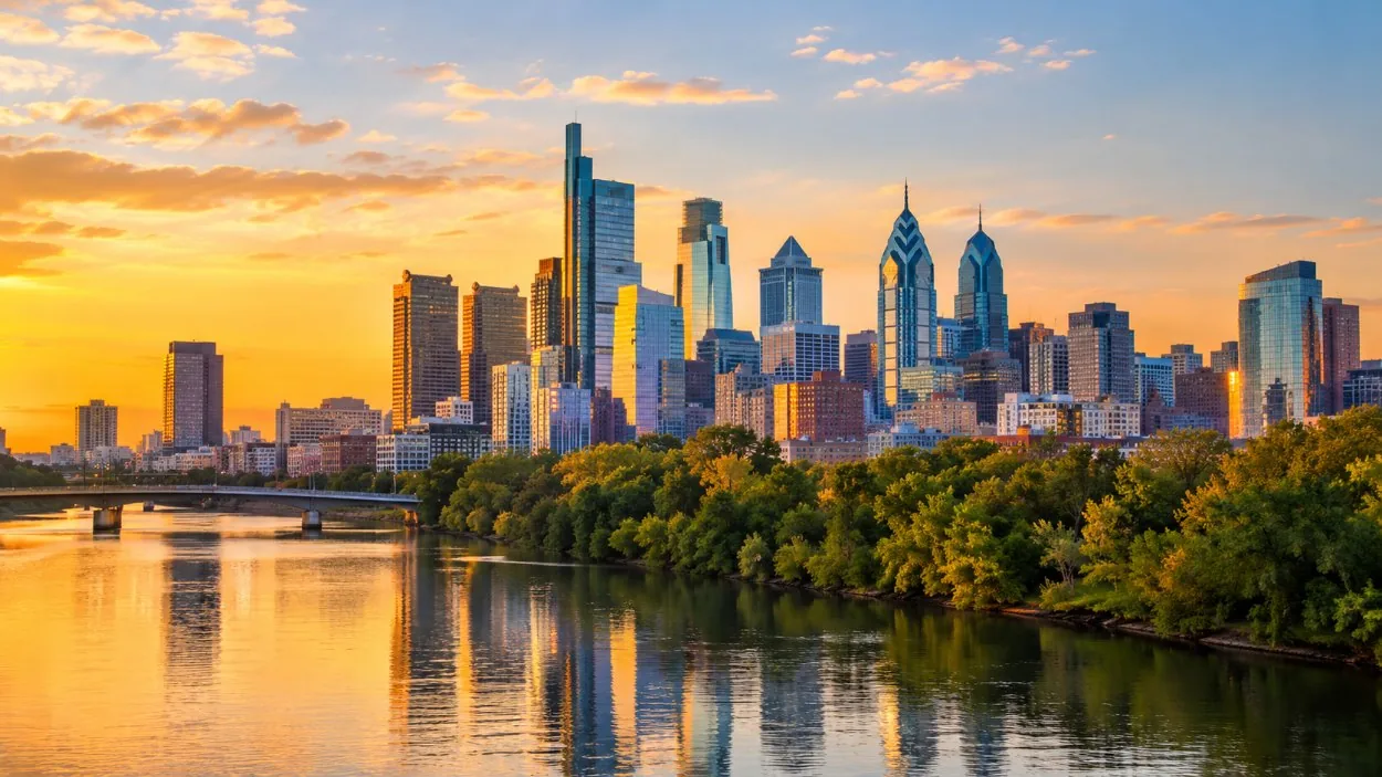 El horizonte de Filadelfia sobre el río a la hora dorada