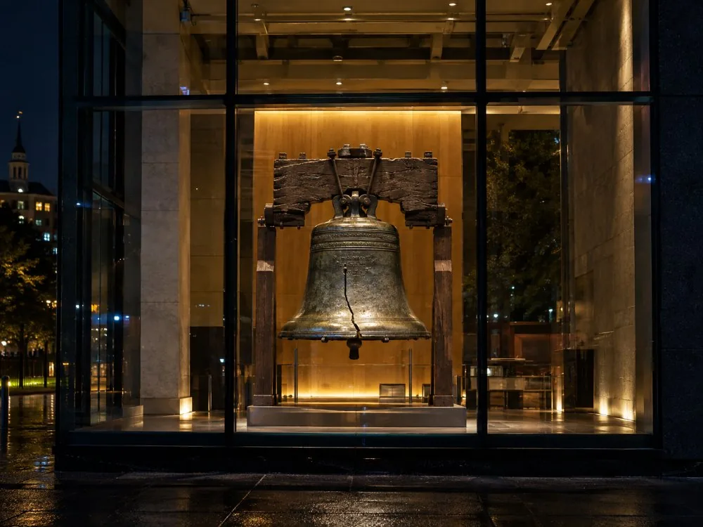 Die Freiheitsglocke, die nach Einbruch der Dunkelheit hinter einem Glasfenster leuchtet